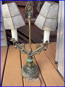 ART DECO TABLE LAMP With JADITE GLASS ACCENT. CANDLE FORM SOCKETS