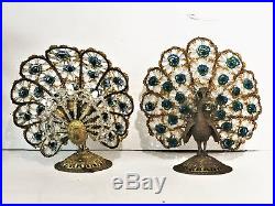 A Pair of Art Deco Bronze & Bohemian Crystal Peacock Nightstand Lamps, Ca. 1920s