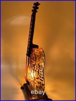Acoustic Guitar Table Lamp Accent Light Amber Leopard Art Glass 14.75 Pristine