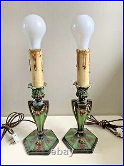 Amazing (2) Vtg Antique ART DECO NOUVEAU Cast Metal BOUDOIR Bedroom Table Lamps