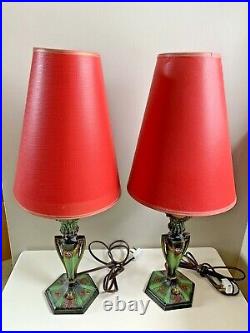 Amazing (2) Vtg Antique ART DECO NOUVEAU Cast Metal BOUDOIR Bedroom Table Lamps