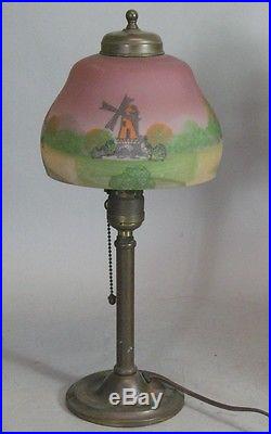 Antique 17 Reverse Painted Lamp with Windmills c. 1920 Art Deco Nouveau