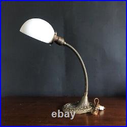 Antique 1920 Brass Gooseneck Desk Lamp with White Glass Shade