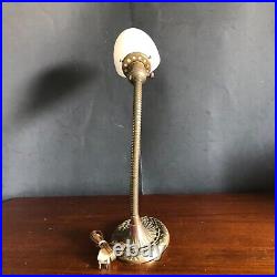 Antique 1920 Brass Gooseneck Desk Lamp with White Glass Shade
