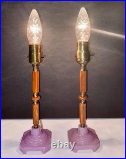 Antique 1920's Art Deco Butterscotch Bakelite Lavender Pair Of Boudoir Lamps