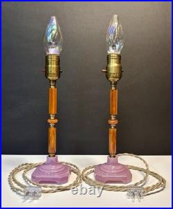 Antique 1920's Art Deco Butterscotch Bakelite Lavender Pair Of Boudoir Lamps