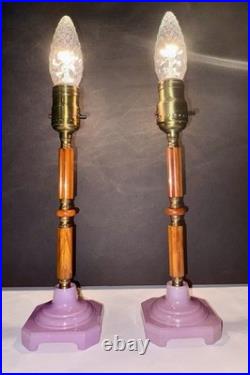 Antique 1920's Art Deco Butterscotch Bakelite Lavender Pair Of Boudoir Lamps