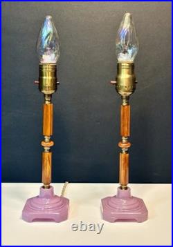 Antique 1920's Art Deco Butterscotch Bakelite Lavender Pair Of Boudoir Lamps