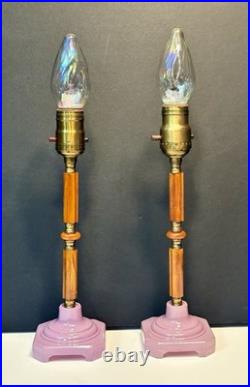 Antique 1920's Art Deco Butterscotch Bakelite Lavender Pair Of Boudoir Lamps