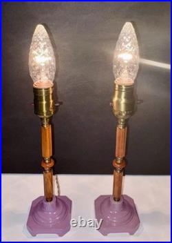 Antique 1920's Art Deco Butterscotch Bakelite Lavender Pair Of Boudoir Lamps