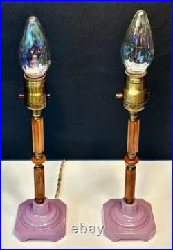Antique 1920's Art Deco Butterscotch Bakelite Lavender Pair Of Boudoir Lamps