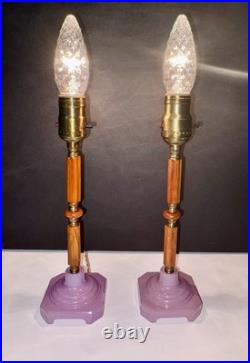 Antique 1920's Art Deco Butterscotch Bakelite Lavender Pair Of Boudoir Lamps