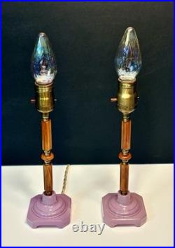 Antique 1920's Art Deco Butterscotch Bakelite Lavender Pair Of Boudoir Lamps