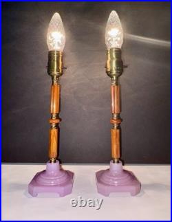 Antique 1920's Art Deco Butterscotch Bakelite Lavender Pair Of Boudoir Lamps