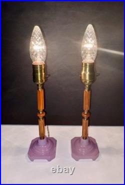 Antique 1920's Art Deco Butterscotch Bakelite Lavender Pair Of Boudoir Lamps