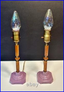 Antique 1920's Art Deco Butterscotch Bakelite Lavender Pair Of Boudoir Lamps