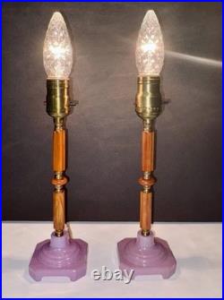 Antique 1920's Art Deco Butterscotch Bakelite Lavender Pair Of Boudoir Lamps