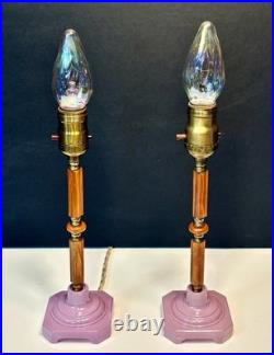 Antique 1920's Art Deco Butterscotch Bakelite Lavender Pair Of Boudoir Lamps