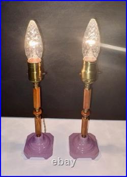 Antique 1920's Art Deco Butterscotch Bakelite Lavender Pair Of Boudoir Lamps