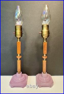 Antique 1920's Art Deco Butterscotch Bakelite Lavender Pair Of Boudoir Lamps