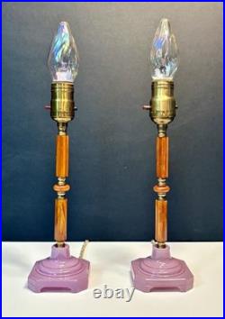 Antique 1920's Art Deco Butterscotch Bakelite Lavender Pair Of Boudoir Lamps