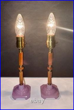 Antique 1920's Art Deco Butterscotch Bakelite Lavender Pair Of Boudoir Lamps