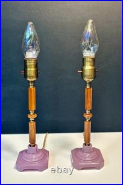 Antique 1920's Art Deco Butterscotch Bakelite Lavender Pair Of Boudoir Lamps