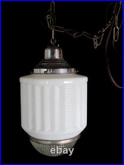 Antique 1920s 15 Art Deco Milk Glass Skyscraper Chevron Ceiling Fixture Light