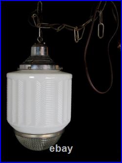 Antique 1920s 15 Art Deco Milk Glass Skyscraper Chevron Ceiling Fixture Light