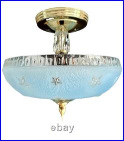 Antique 1920s-1930s Art Deco Nouveau Federal Stars Blue Ceiling Light Fixture