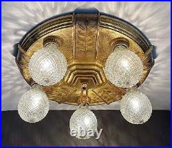 Antique 1920s 1930s Art Deco Theater Large Medallion Flush Ceiling Light Fixture