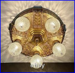 Antique 1920s 1930s Art Deco Theater Large Medallion Flush Ceiling Light Fixture