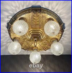 Antique 1920s 1930s Art Deco Theater Large Medallion Flush Ceiling Light Fixture