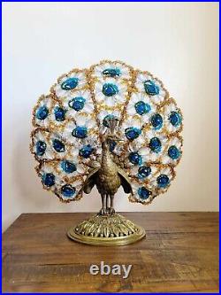 Antique 1920s Art Deco Czech Crystal Art Glass Beads Peacock Lamp 17 Tall