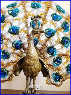 Antique 1920s Art Deco Czech Crystal Art Glass Beads Peacock Lamp 17 Tall