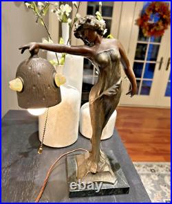Antique 1920s Art Nouveau Deco Lamp with Jeweled Brass Shade Signed Beci Germany