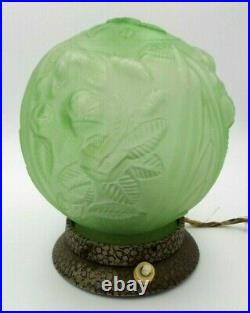 Antique 1920s European ART DECO Table Lamp /w Green Round Glass Globe Shade