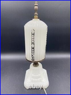 Antique 1930's HouzeX Art Deco Milk Glass Boudoir Skyscraper Torpedo Lamp