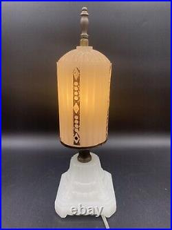 Antique 1930's HouzeX Art Deco Milk Glass Boudoir Skyscraper Torpedo Lamp