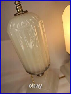 Antique 1930's HouzeX MCM Art Deco Milk Glass Boudoir Skyscraper Torpedo Lamps