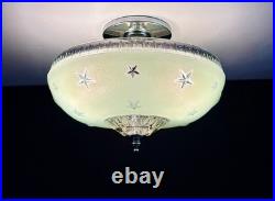 Antique 1930s 40s Art Deco Machine Age Green Ceiling Light Fixture Federal Stars