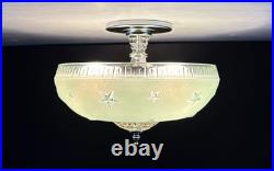 Antique 1930s 40s Art Deco Machine Age Green Ceiling Light Fixture Federal Stars