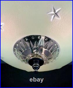 Antique 1930s 40s Art Deco Machine Age Green Ceiling Light Fixture Federal Stars