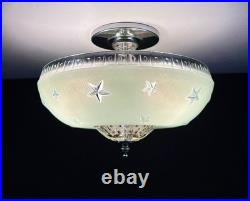 Antique 1930s 40s Art Deco Machine Age Green Ceiling Light Fixture Federal Stars
