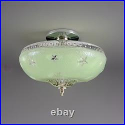 Antique 1930s 40s Art Deco Machine Age Green Ceiling Light Fixture Federal Stars