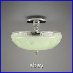 Antique 1930s 40s Art Deco Machine Age Green Ceiling Light Fixture Federal Stars