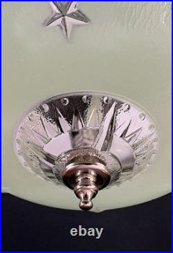 Antique 1930s 40s Art Deco Machine Age Green Ceiling Light Fixture Federal Stars