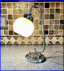 Antique 1930s 40s Art Deco Milk Glass Chrome Accent Light Lamp Machine Age Orb