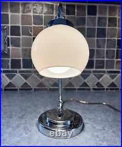 Antique 1930s 40s Art Deco Milk Glass Chrome Accent Light Lamp Machine Age Orb