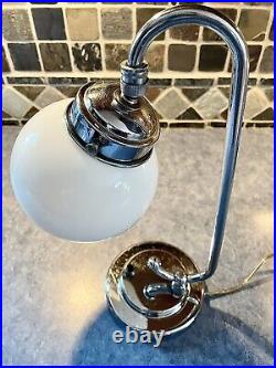 Antique 1930s 40s Art Deco Milk Glass Chrome Accent Light Lamp Machine Age Orb